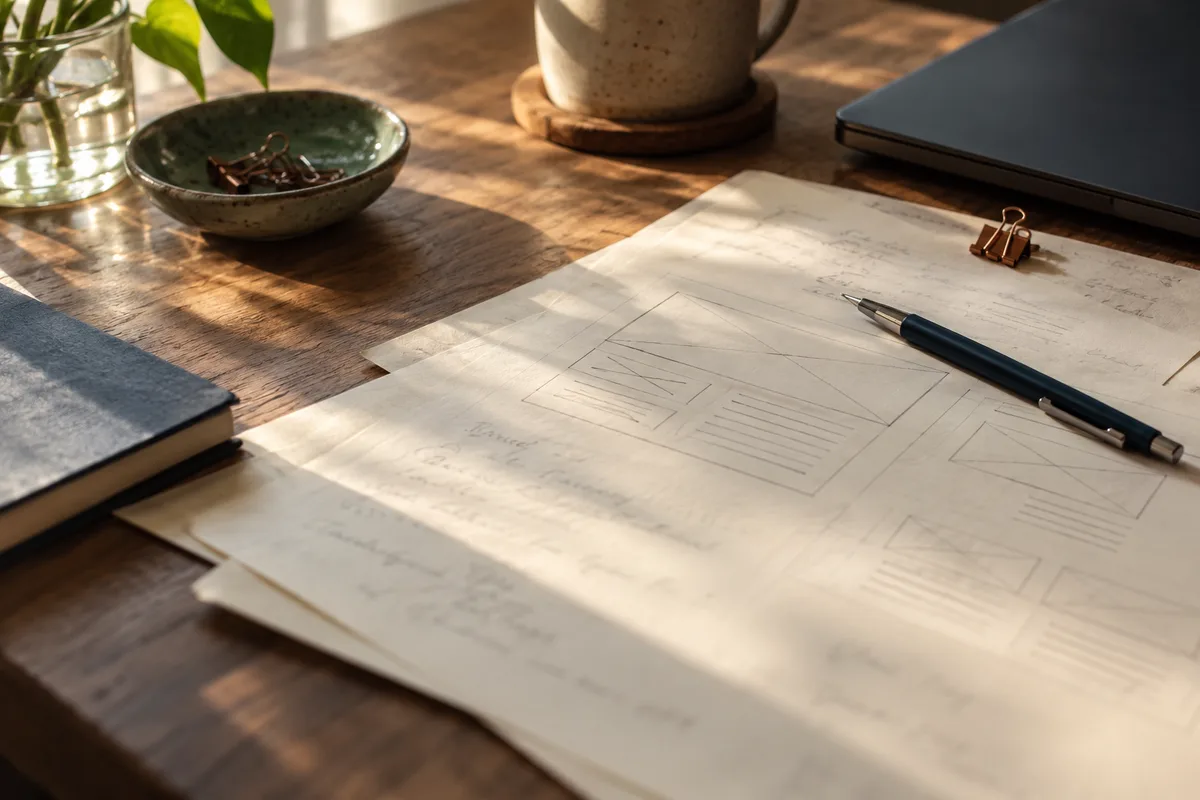Editorial image of paper website layout sketches on a sunlit desk