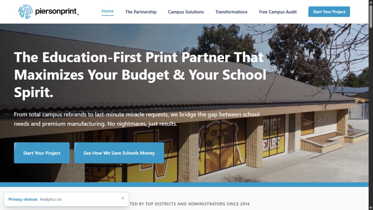Pierson Print homepage with a school campus image and education-focused headline