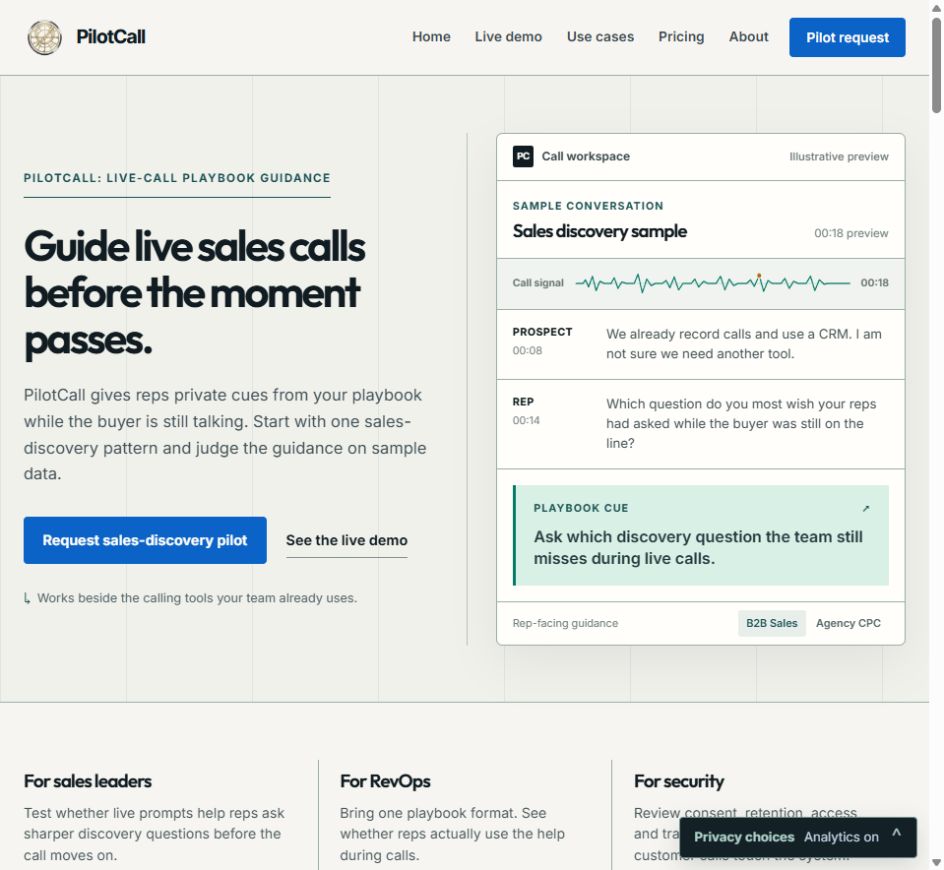PilotCall homepage with a sample sales call and live guidance cue