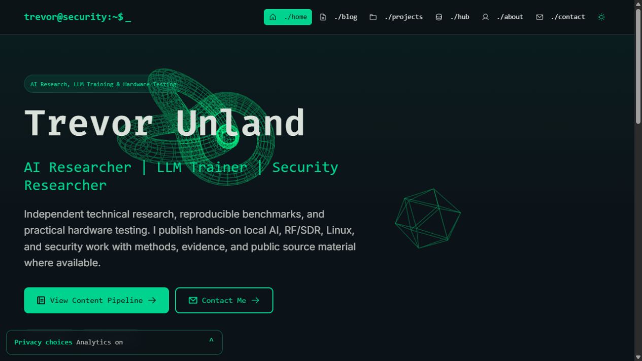 unland.dev homepage showing Trevor Unland’s technical research and project navigation